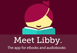 A stylized girl with a ponytail and bangs over her eyes reads a book while smiling. Caption reads Meet Libby the app for ebooks and audiobooks