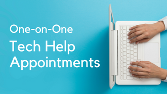 A photo of hands on a laptop keyboard beside the text "One-on-One Tech Help Appointments"