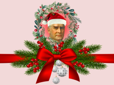 Head shot of William McKinley positioned in a Christmas wreath wearing a Santa Claus hat!