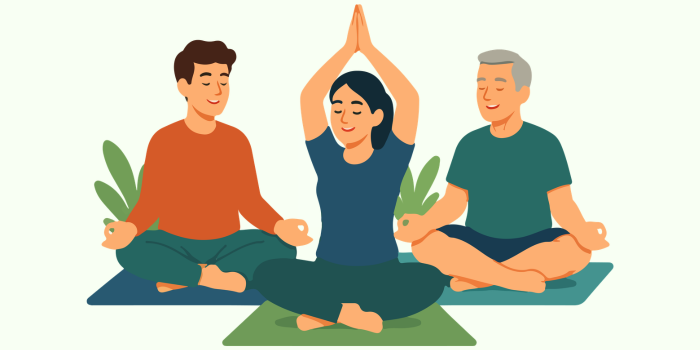 Illustration of 3 adults sitting on yoga mats, each in various yoga poses.