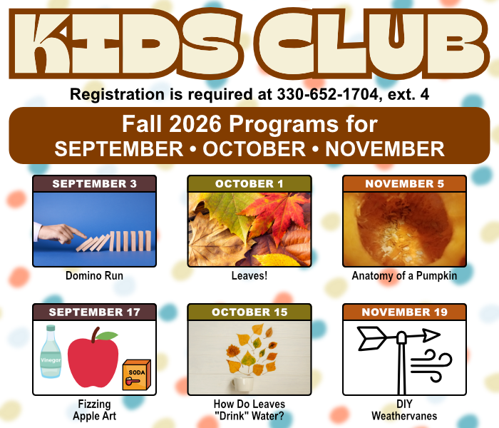 Kids Club Fall 2026 Programs displayed with dates and icons for each program.