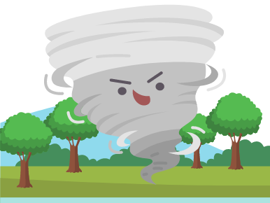 Picture of a cartoon tornado with a face in a cartoon forest setting.