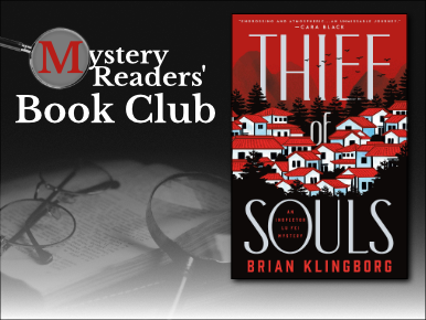 Text Reads: Mystery Readers' Book Club with photo of the "Thief of Souls" Book Cover