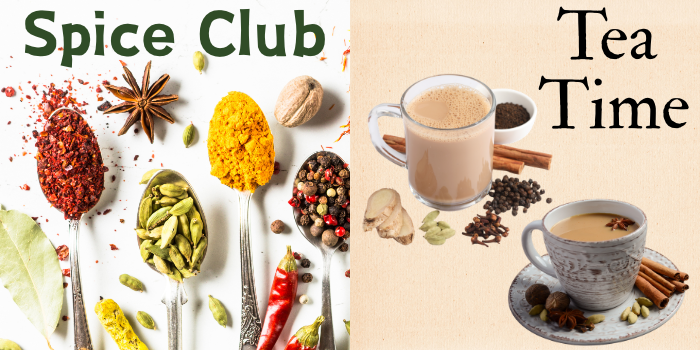 Spice Club and Tea Time with spices and tea cups below.