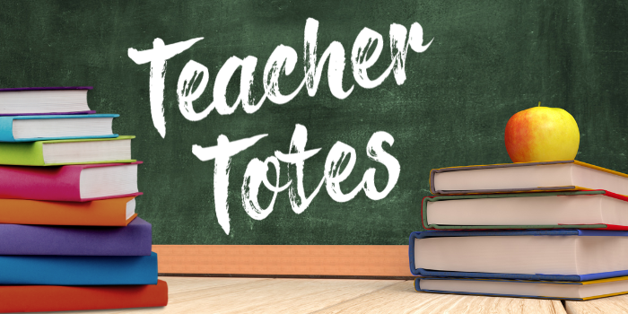 Teacher Totes written on a chalkboard with stacks of books in the foreground area