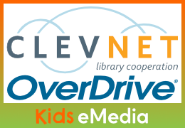CLEVNET library cooperation and OverDrive Kids eMedia logos